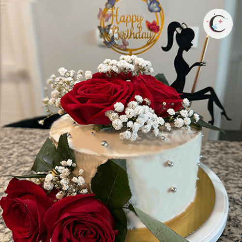 Three-layer cake filled with whipped cream and peaches, covered in buttercream on the outside.